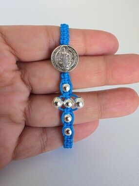 Handmade St. Benedict Blue Adjustable Cord Bracelet Silver Cross Catholic